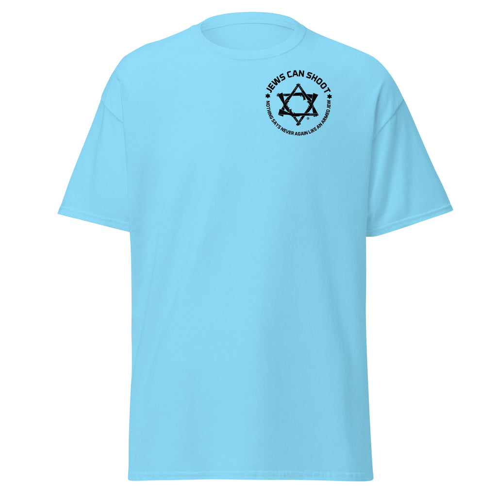 Men's classic tee with Jews Can Shoot logo