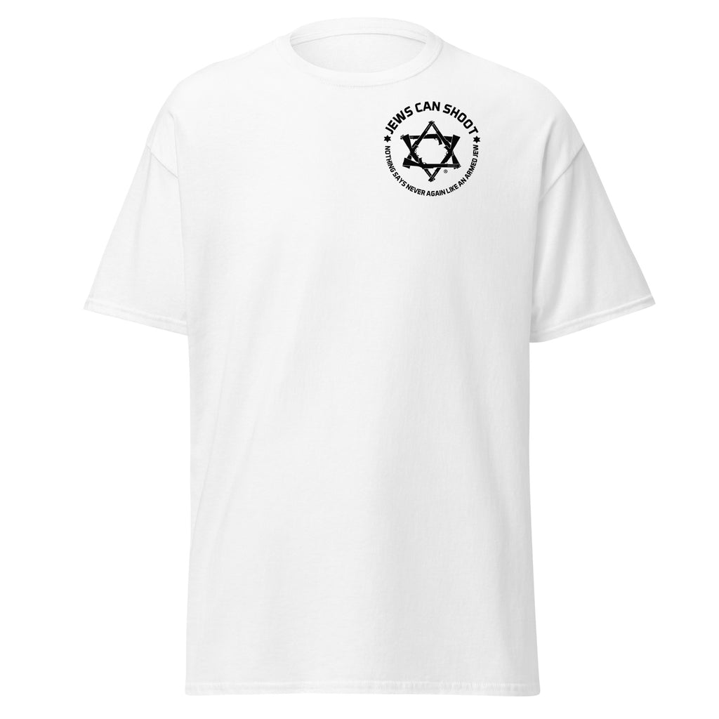 Men's classic tee with Jews Can Shoot logo